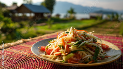 A plate of som tam salad on a red woven mat with a blurred background of nature and a distant lake