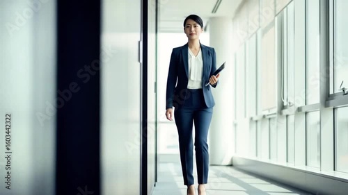 A stylish Asian businesswoman confidently strides down an office hallway, focused on her goals.