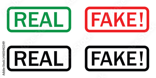 Real and Fake Rubber Stamp Icon Set – Grunge Style Truth and Lie Concept Badges