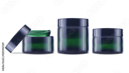 Realistic jar and tube for cream shampoo. Color green. For advertising presentation and website. Layout poster packaging concept beauty blog online store. Vector illustration.