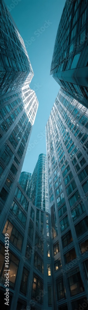 Obraz premium Modern skyscrapers tall city buildings architecture glass facades urban landscape downtown skyline daytime perspective