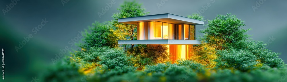 Fototapeta premium Modern contemporary house with large glass and flat roof surrounded by lush green trees in scenic landscape du daytime