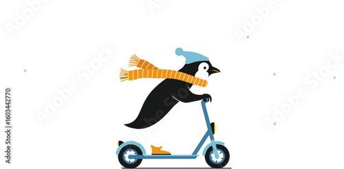 Penguin wearing blue hat and orange scarf riding blue scooter vector illustration with winter clothing 