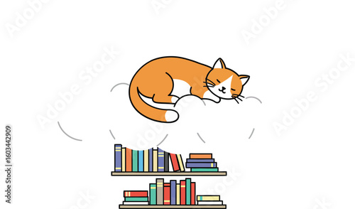 Orange and white cat sleeping curled on two shelves full of books vector illustration cozy scene 