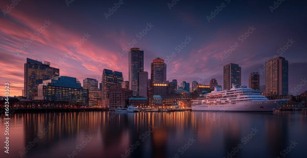 Fototapeta premium Modern city skyline at dusk with tallest buildings illuminated reflected on calm river across harbor with luxury cruise ship docked