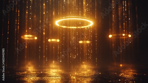 Elegant abstract background featuring golden lights, glowing circles and glitter rain creating a