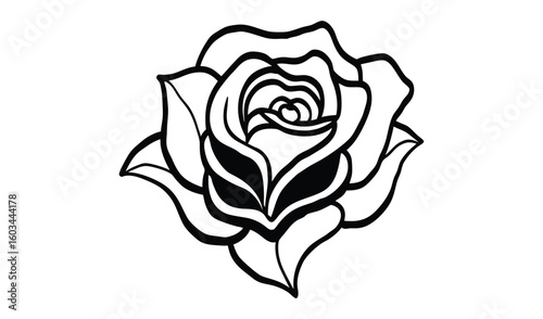 Classic black and white rose tattoo design with bold outlines and detailed petals