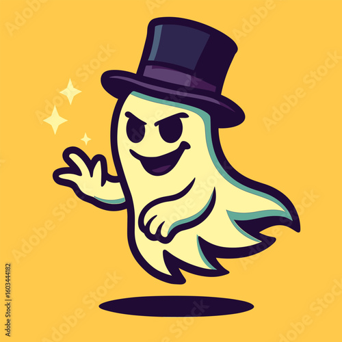 A whimsical ghost in a magician’s hat hovers mid-air with a spooky grin, tossing sparkles against a bright yellow background.