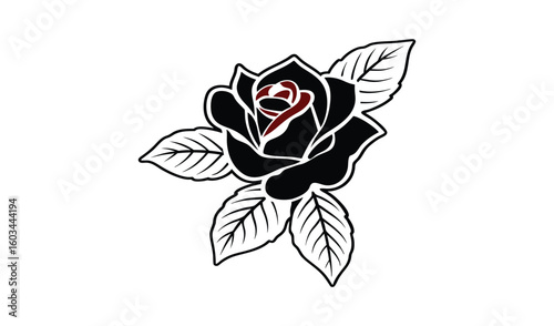 Stylized black rose with red center and outline drawing on white background