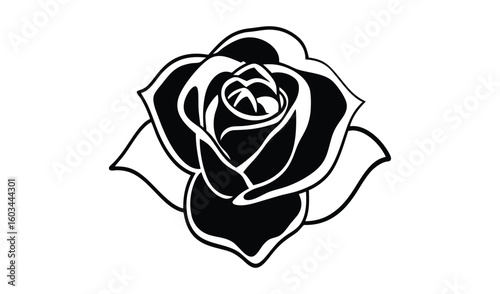 Elegant black and white tattoo style rose illustration with detailed petals and leaves