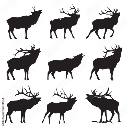 vector illustration of bugling elk silhouette set, Black & White silhouette set