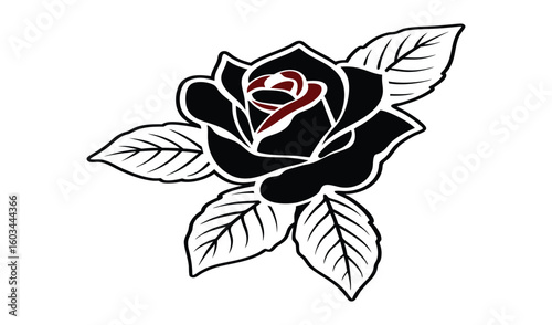 Traditional american tattoo style black rose with red and pink accents and leafy stem