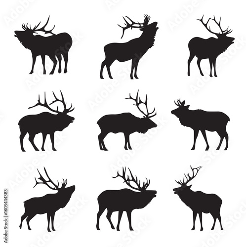 vector illustration of bugling elk silhouette set, Black & White silhouette set