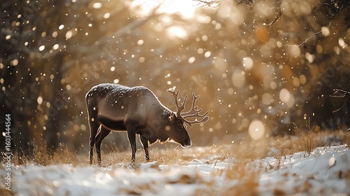Reindeer grazing in winter wonderland snow falling sunlit forest