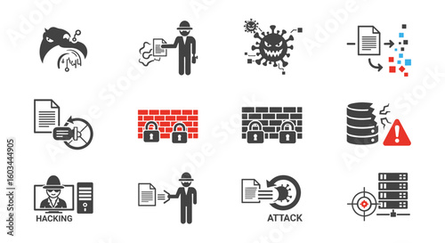 Illustrations of cybersecurity threats including malware, hacking, and data breaches and firewalls
