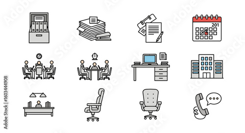 Illustration depicting office elements including filing cabinet, documents, calendar, and office furniture items