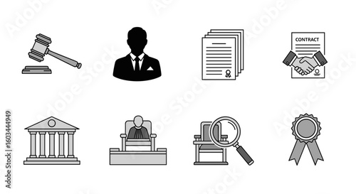 Illustration showing legal and business elements including judge gavel documents and contract icon set