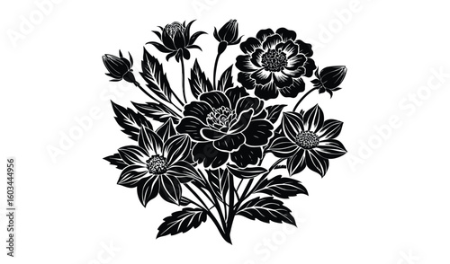 Vintage botanical illustration of a detailed black and white floral arrangement with various flowers and leaves