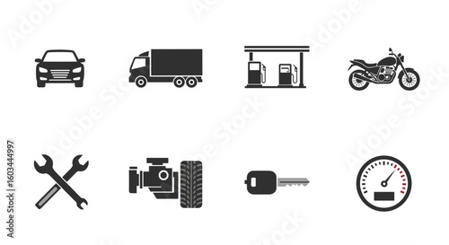 Collection of transportation and automobile related icons including car truck motorcycle and tools shown
