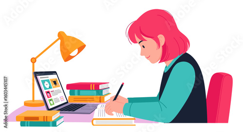 Girl with pink hair studying at desk with laptop books and lamp in a brightly lit room illustration