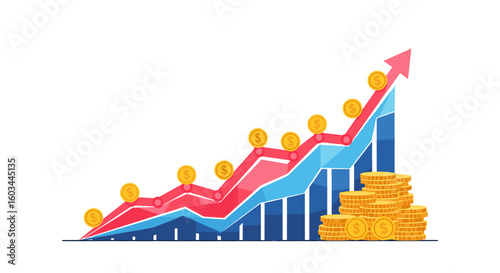 Illustration showing an upward financial trend with stacked coins and a rising graph with an arrow tip