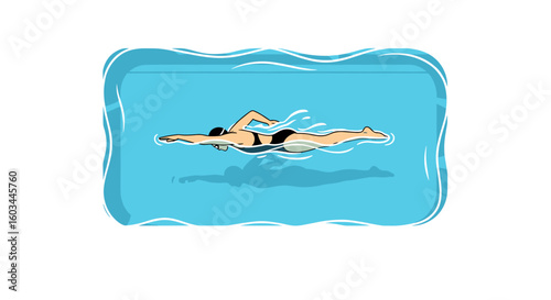 Illustration of a woman in a black swimsuit swimming freestyle in a blue pool with white water waves