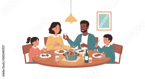A family of four enjoying a meal together at a round table with food drinks and a hanging light fixture