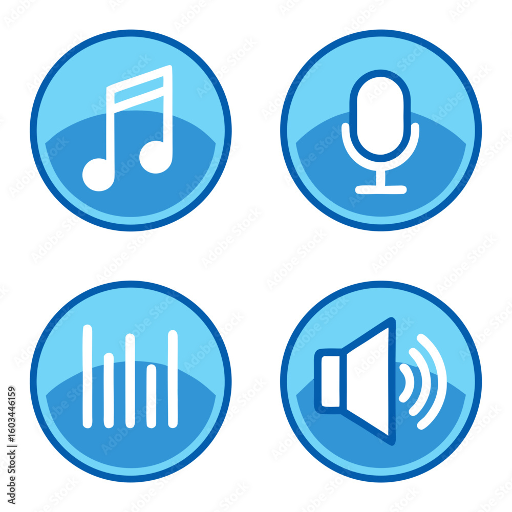 Four light-blue circular icons represent music, recording, equalizer, and sound. Four light-blue circular icons represent music, recording, equalizer, and sound.