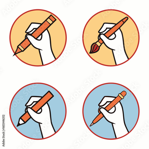 Four illustrations depicting hands holding different drawing and writing tools within circular frames.