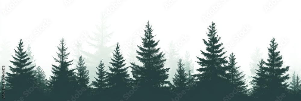 Obraz premium A modern illustration of an evergreen coniferous forest features silhouettes of pines, fir trees, christmas trees, cedar, and Scotch fir, with every tree isolated from the others