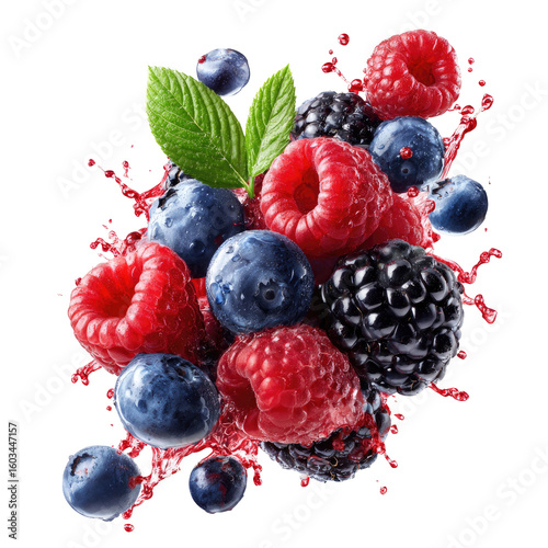 Vibrant mix of fresh berries in a splash of juice