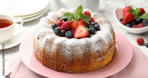 Wallpaper Mural Tasty Bundt cake with powdered sugar and berries spinning on white marble table, closeup Torontodigital.ca