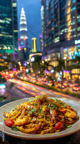 A plate of noodles with shrimp and vegetables in front of a city skyline at night with light trails