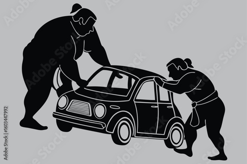 Sumo Wrestlers Squeezing into Tiny Car silhouette vector design art and illustration