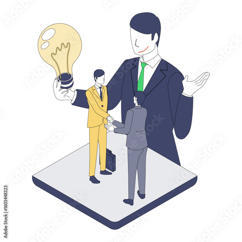 信頼と後押し｜握手するビジネスマンとアイデアを支える人物のアイソメイラスト