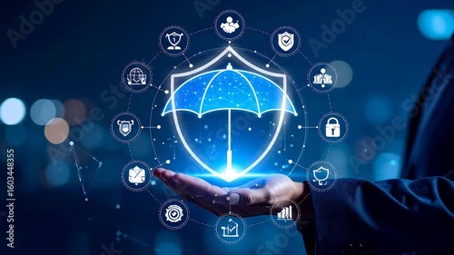 A family care insurance application in the form of a neon blue digital umbrella. 4k video