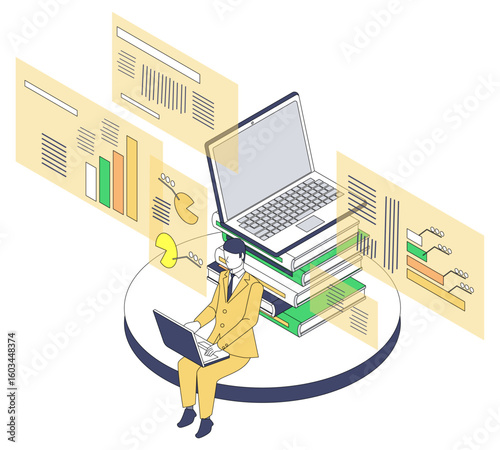 データ分析とレポート作成｜アイソメトリックなビジネスシーン