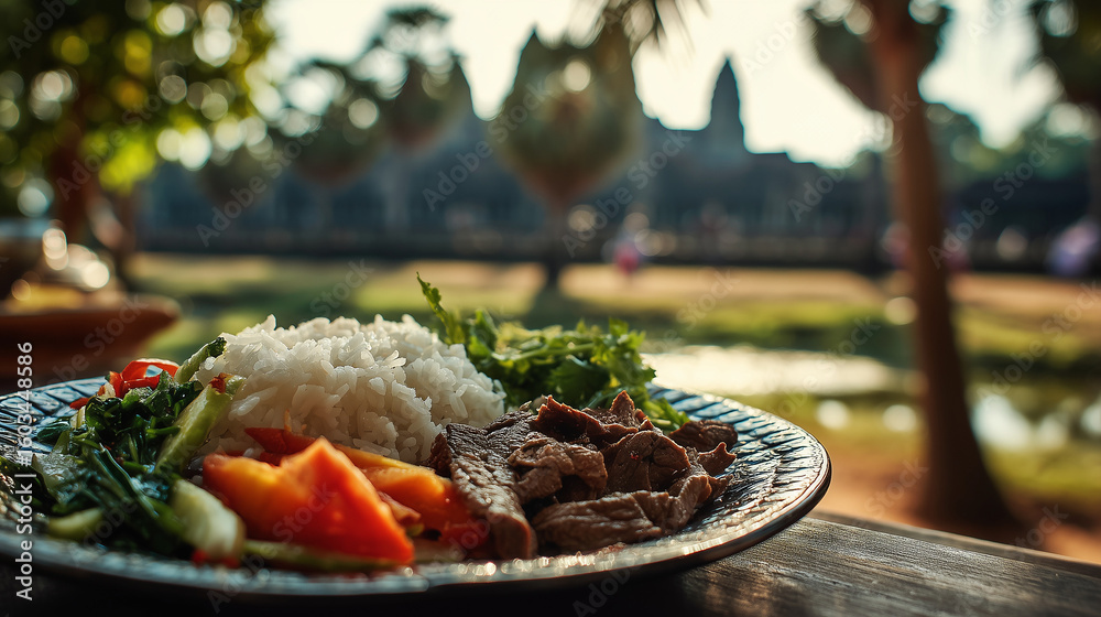 Obraz premium A plate of rice and meat with vegetables in front of angkor wat temple in siem reap cambodia area