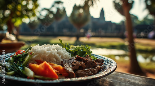 A plate of rice and meat with vegetables in front of angkor wat temple in siem reap cambodia area