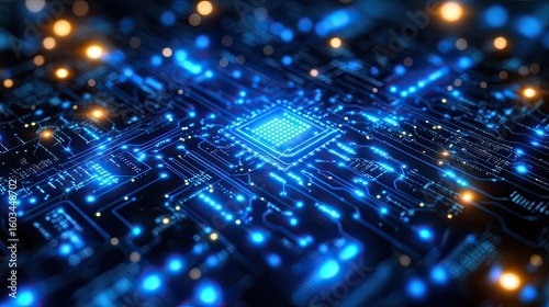 Futuristic glowing circuit board with central processor unit illustrating digital technology and