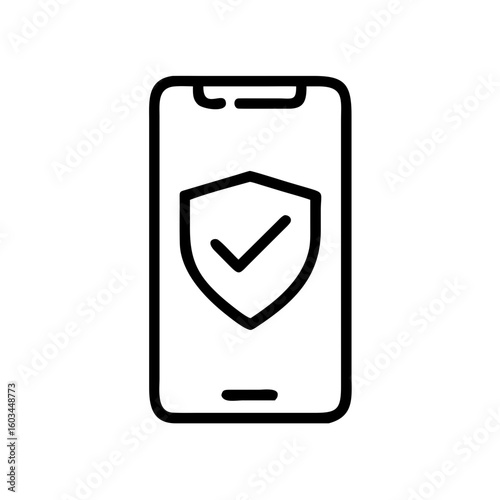 A minimalist illustration of a smartphone displaying a shield symbol with a checkmark, conveying a sense of security and protection.