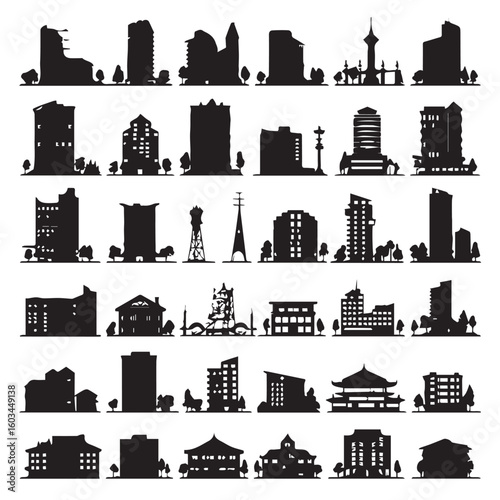 vector illustration of building silhouette set, Black & White silhouette set