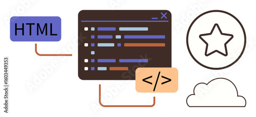 Coding screen with syntax lines, HTML and code tags, star in a circle, and a cloud. Ideal for programming, web development, coding tutorials, cloud computing, system design technical education