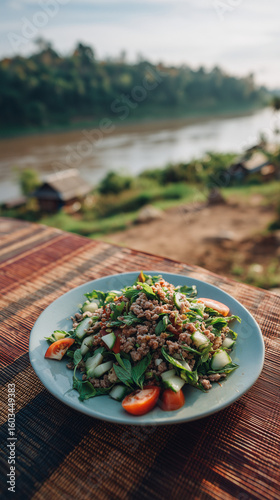 A plate of salad with meat and vegetables on a table with a river and trees in the background