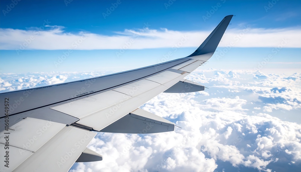 Obraz premium Airplane wing above fluffy clouds