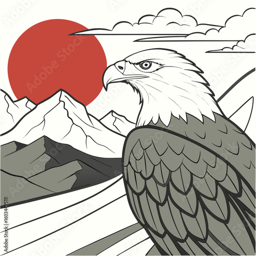 Majestic Eagle in Wilderness: A striking illustration of a bald eagle surveys its mountainous domain beneath a vibrant red sun. Evoking a sense of freedom, power and the spirit of the wild.