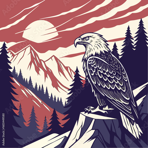 Majestic Eagle Above Mountains: A striking illustration of a bald eagle perched atop a mountain, surveying a vast landscape featuring towering pines, and the setting sun against a dramatic sky.