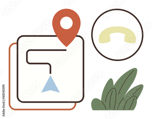 Navigation map with route and blue arrow, red location pin, phone receiver icon in circle, and green leaves. Ideal for travel, technology, logistics, direction, communication maps sustainability