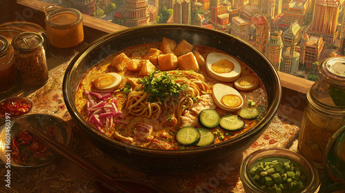 A bowl of laksa soup with tofu, eggs, and vegetables on a table with a city view in the background