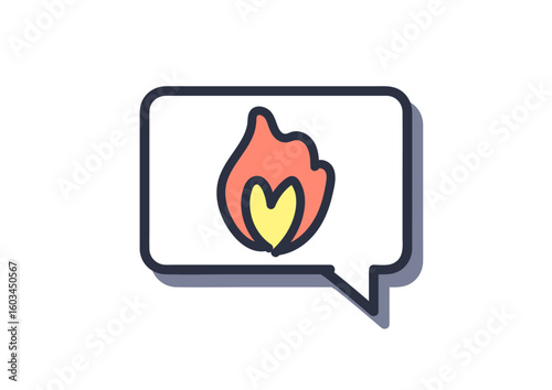 クールグレイ色の筆で描いた、吹き出しアイコン「火（ファイヤー、炎上、注目）」, A speech bubble icon "Fire (fire, flames, attention)" drawn with a cool gray brush.